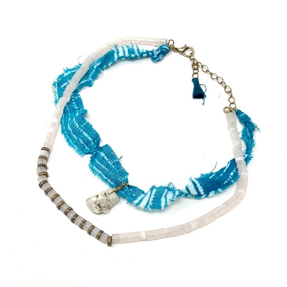 New Free People Remy Choker Bandana Beaded Necklace Layered Stone Blue - Picture 6 of 7